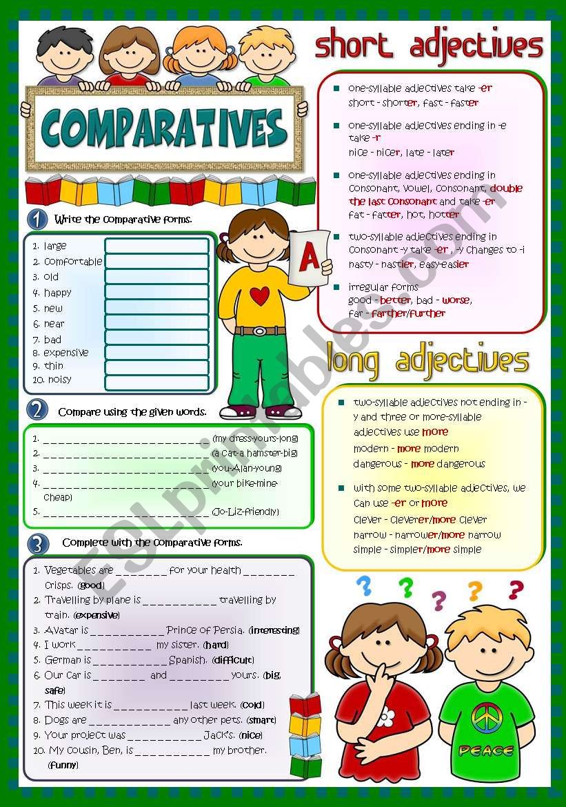 Comparatives Revision Greyscale KEY Included ESL Worksheet By