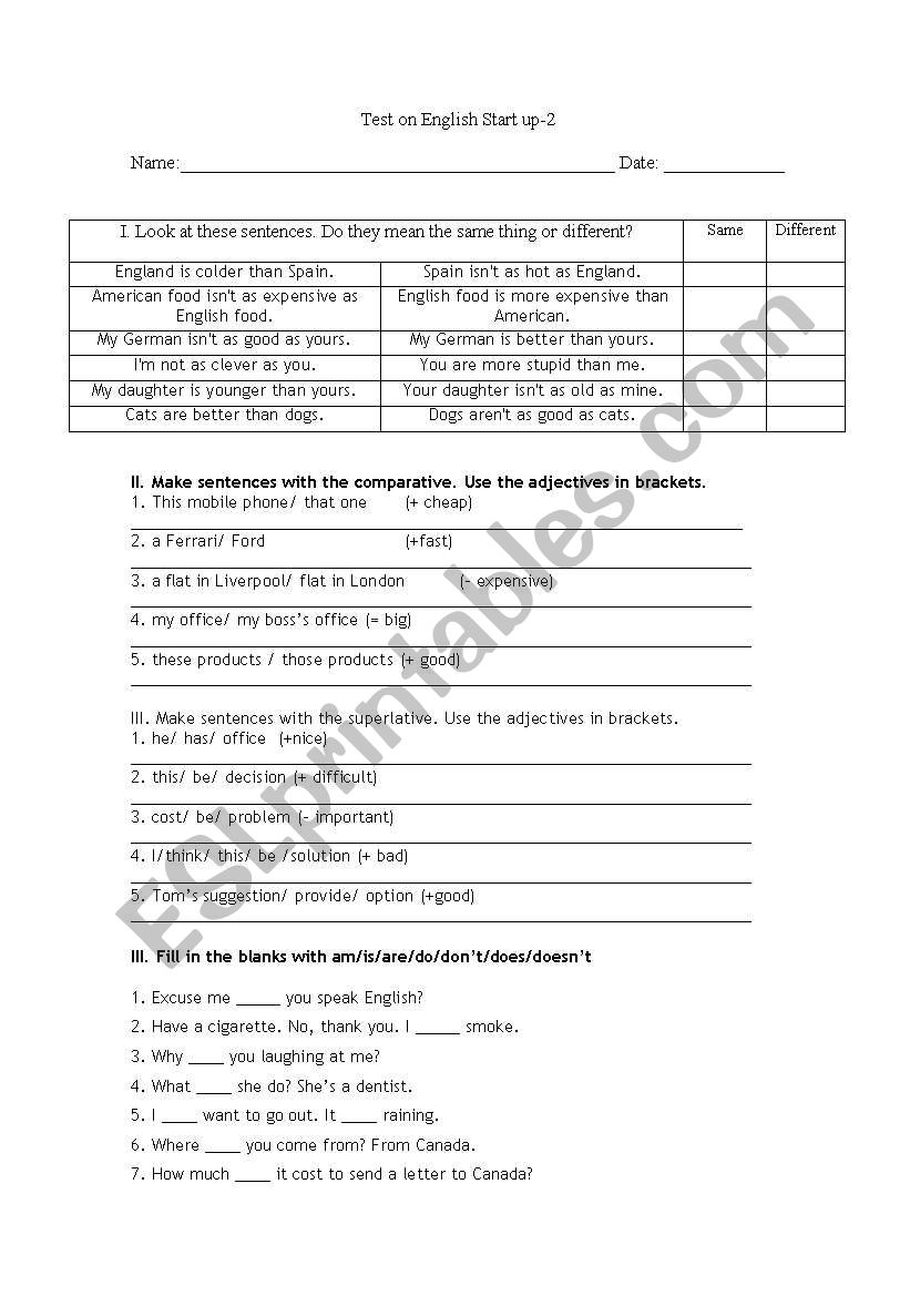 worksheet on English Start up-2