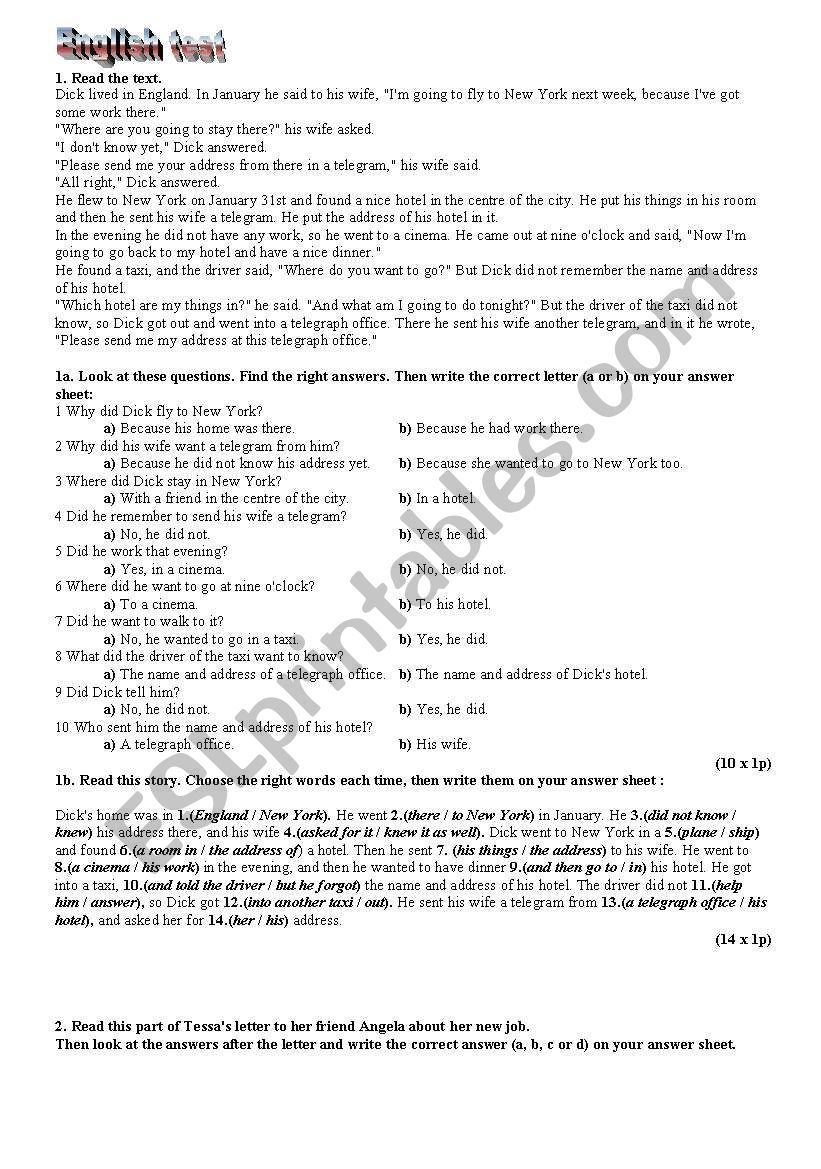 English Test worksheet