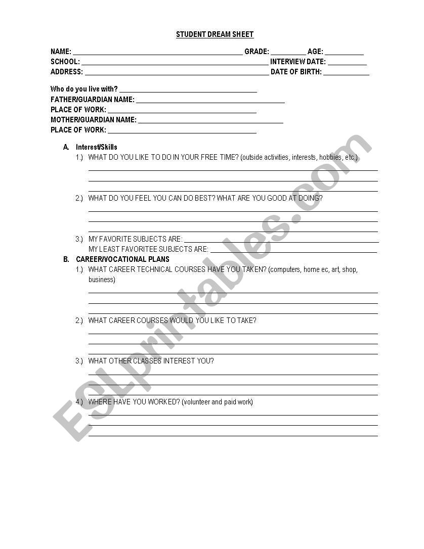 Student Dream Sheet worksheet