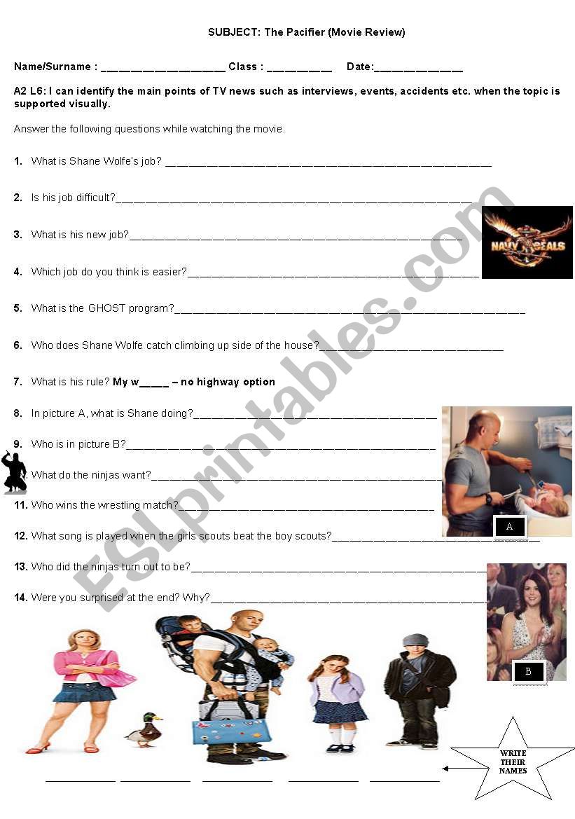 The Pacifier Movie Worksheet worksheet