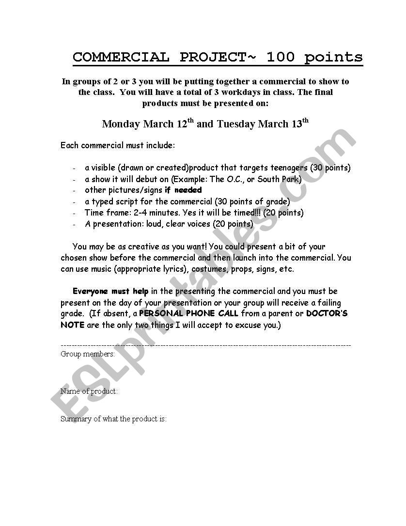 Commercial Project worksheet