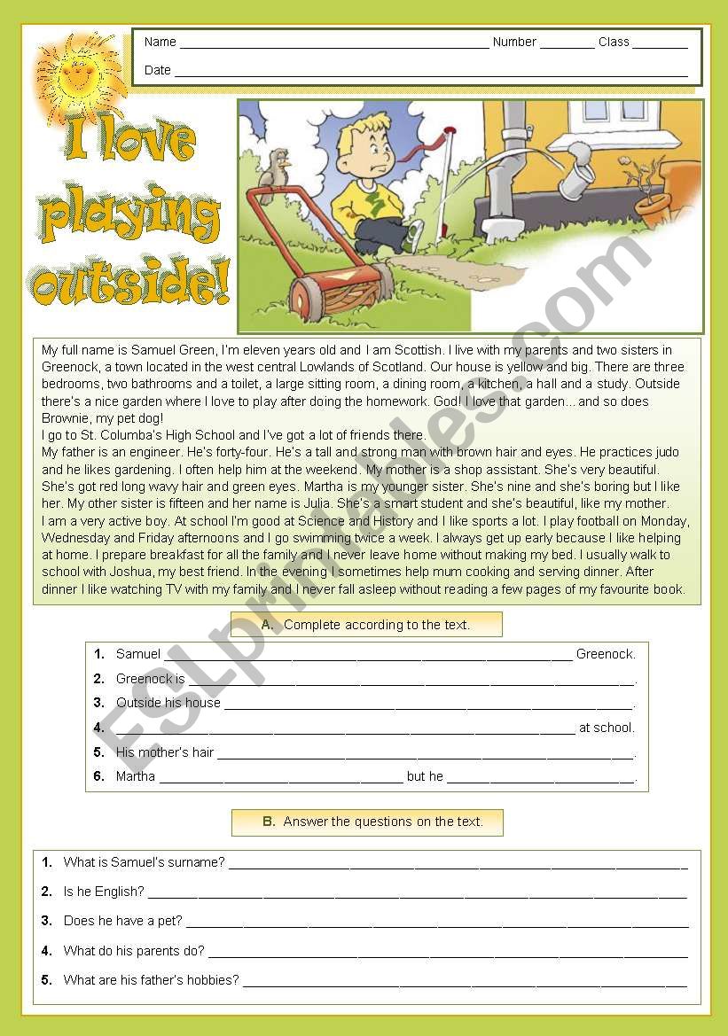 I love playing outside! worksheet