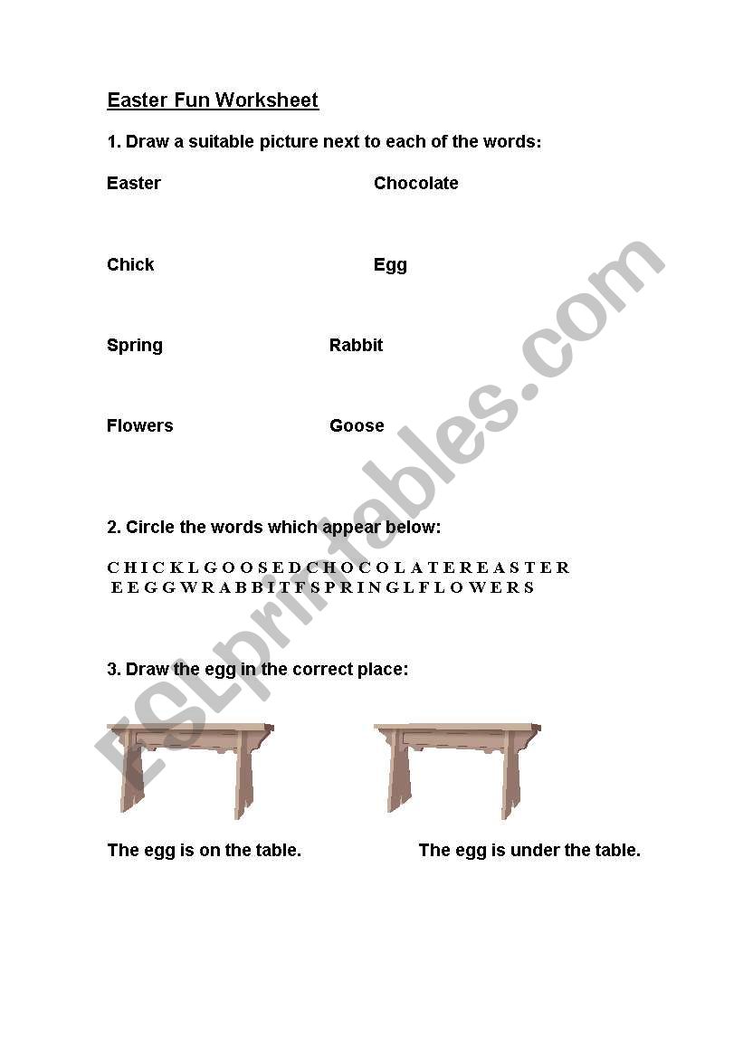 Easter fun worksheet. Prepositions