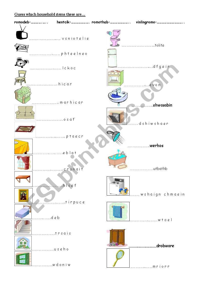 household items_furniture worksheet