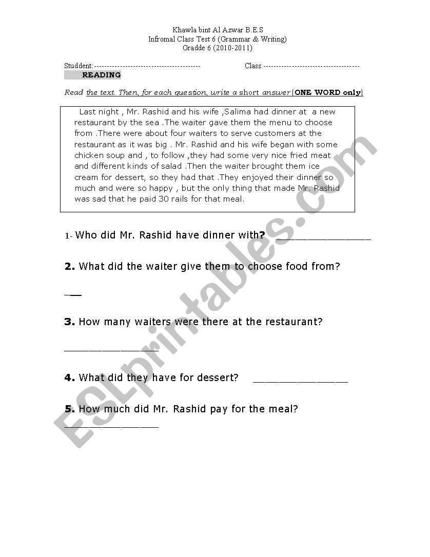 Reading worksheet