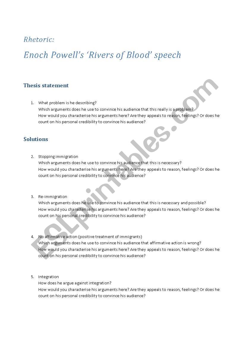 Enoch Powells Rives of Blood worksheet