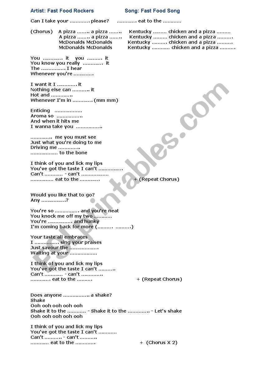 Fast Food Song worksheet