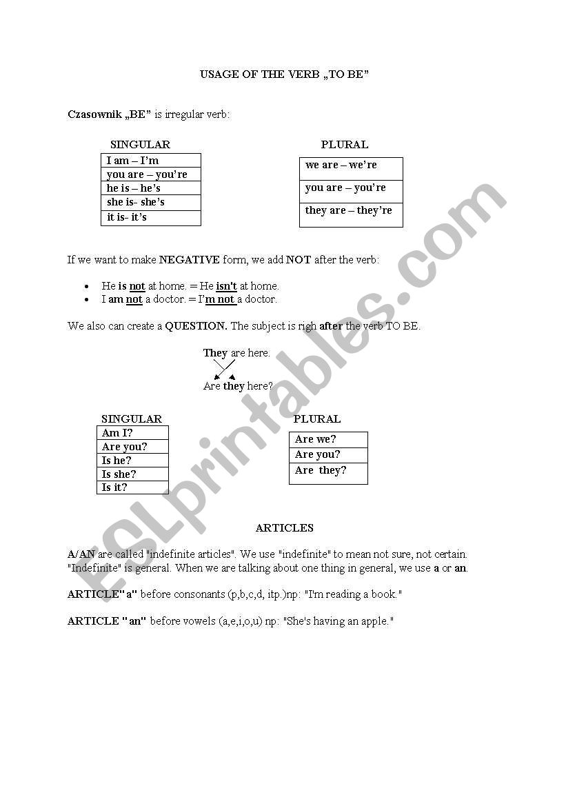 Verb TO BE and ARTICLES worksheet