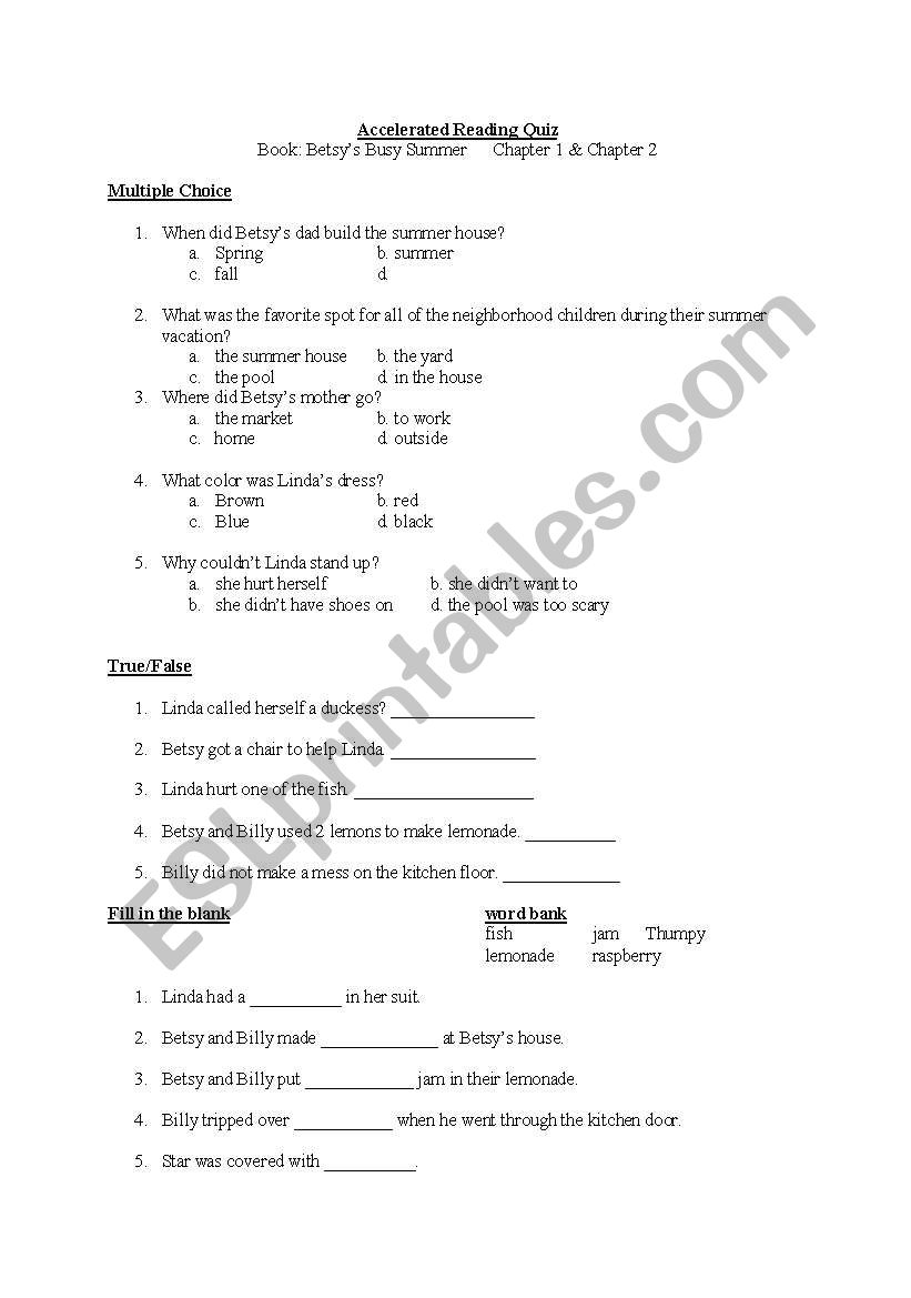 Betsys Busy Summer quiz worksheet