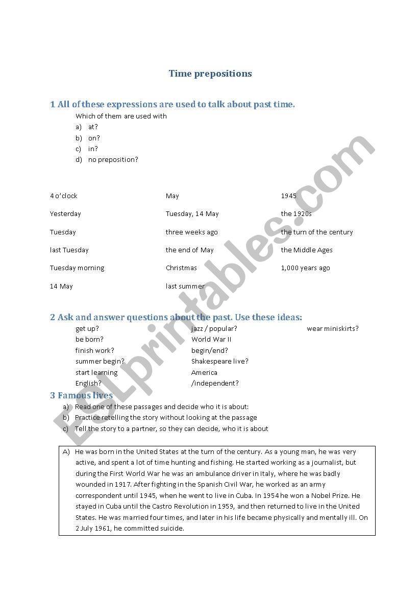 Past tense time prepositions worksheet