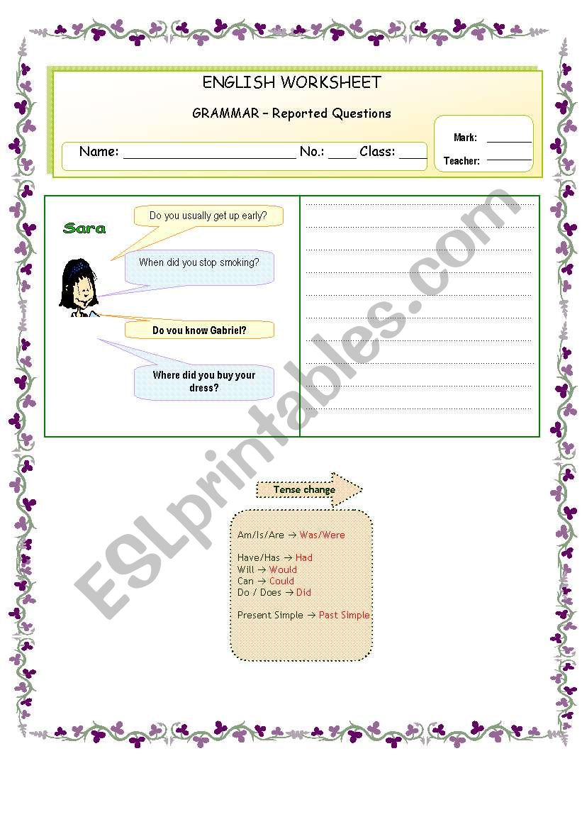 GRAMMAR  Reported Questions worksheet
