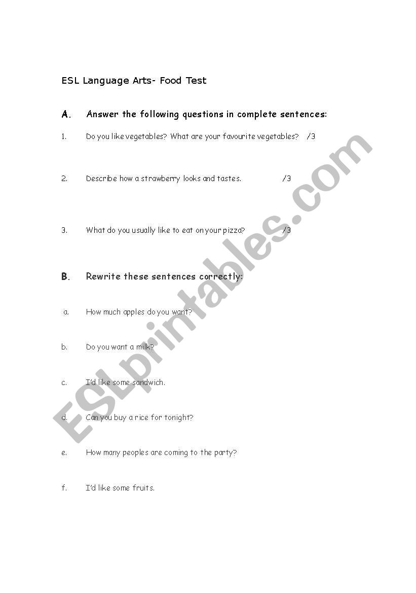 Food Unit Exam/Worksheet worksheet