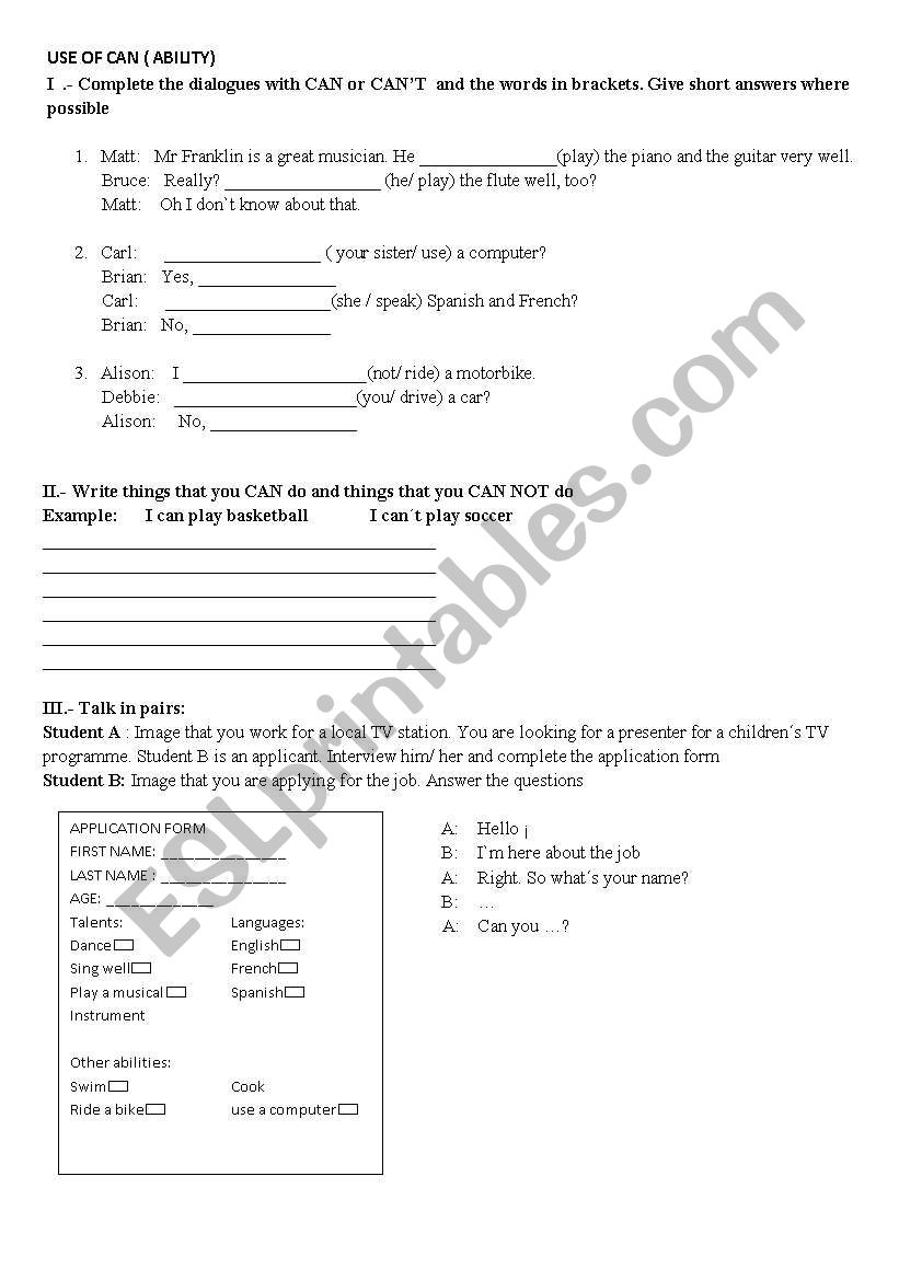 Use of Can worksheet