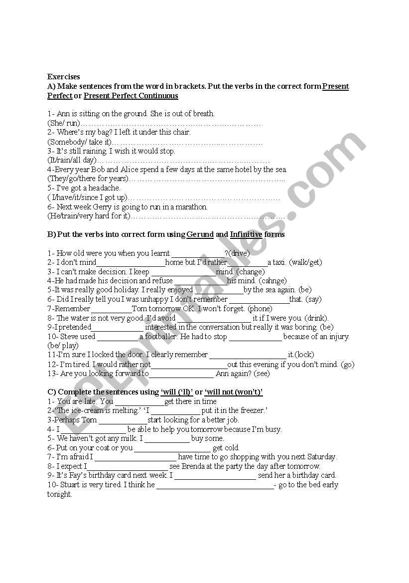 mixed exercises worksheet