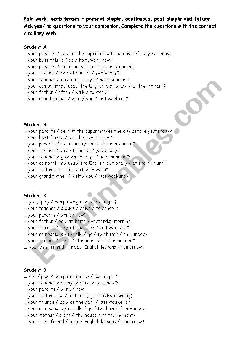 pair work - verb tenses worksheet