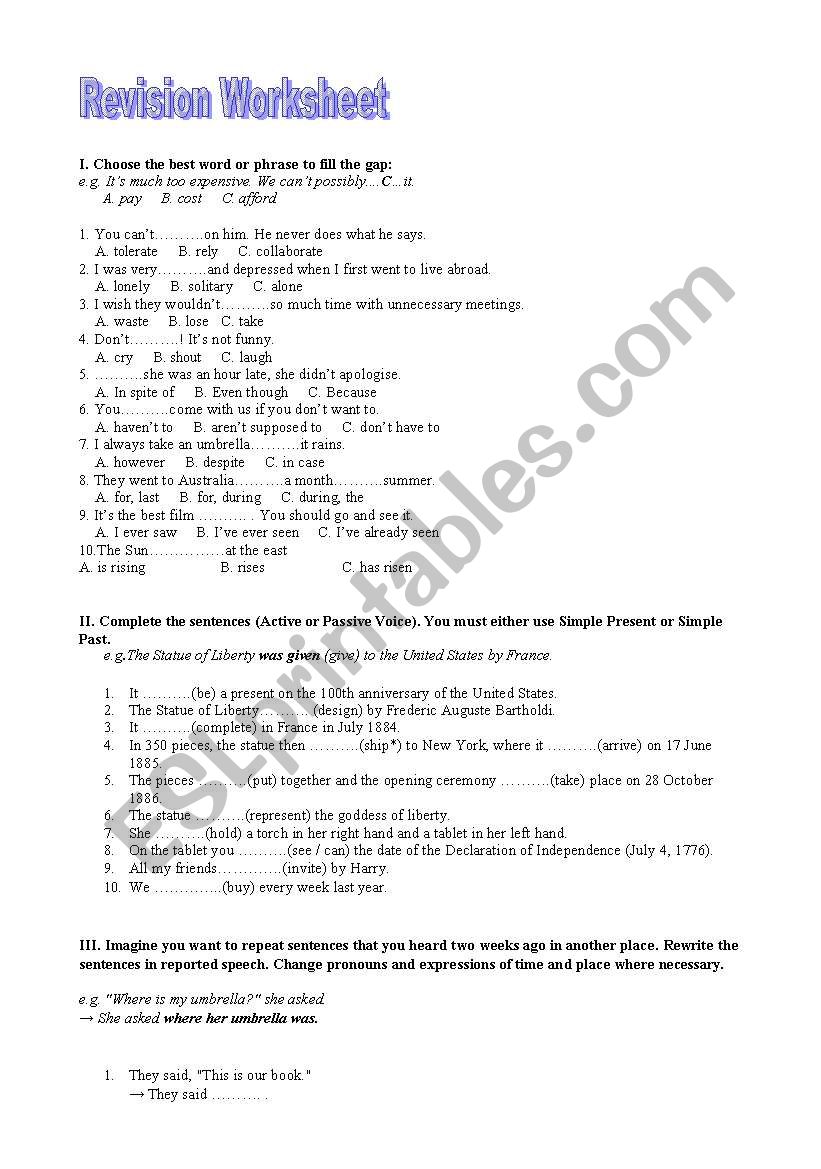 Revision Worksheet worksheet