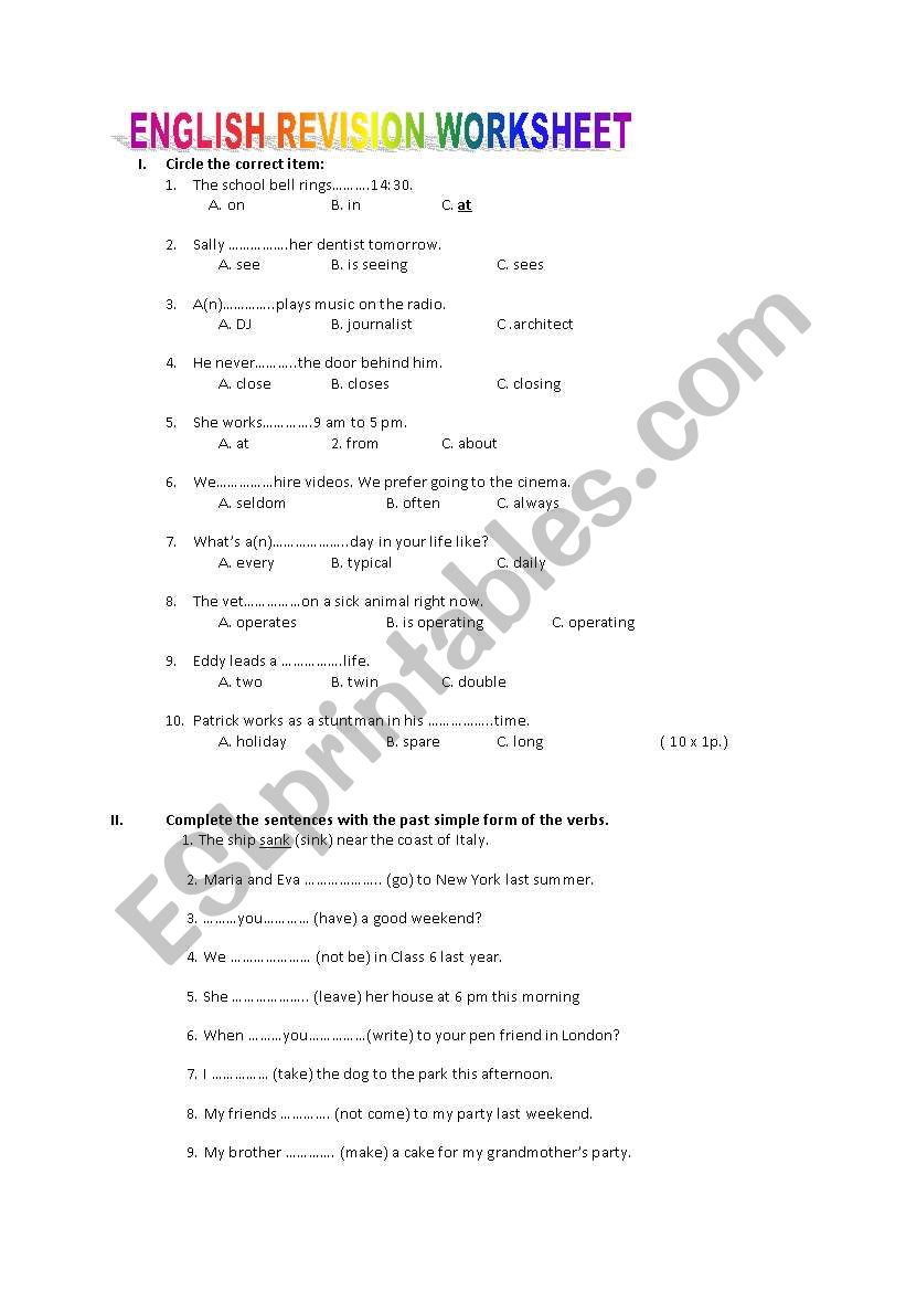 English Revision Worksheet worksheet