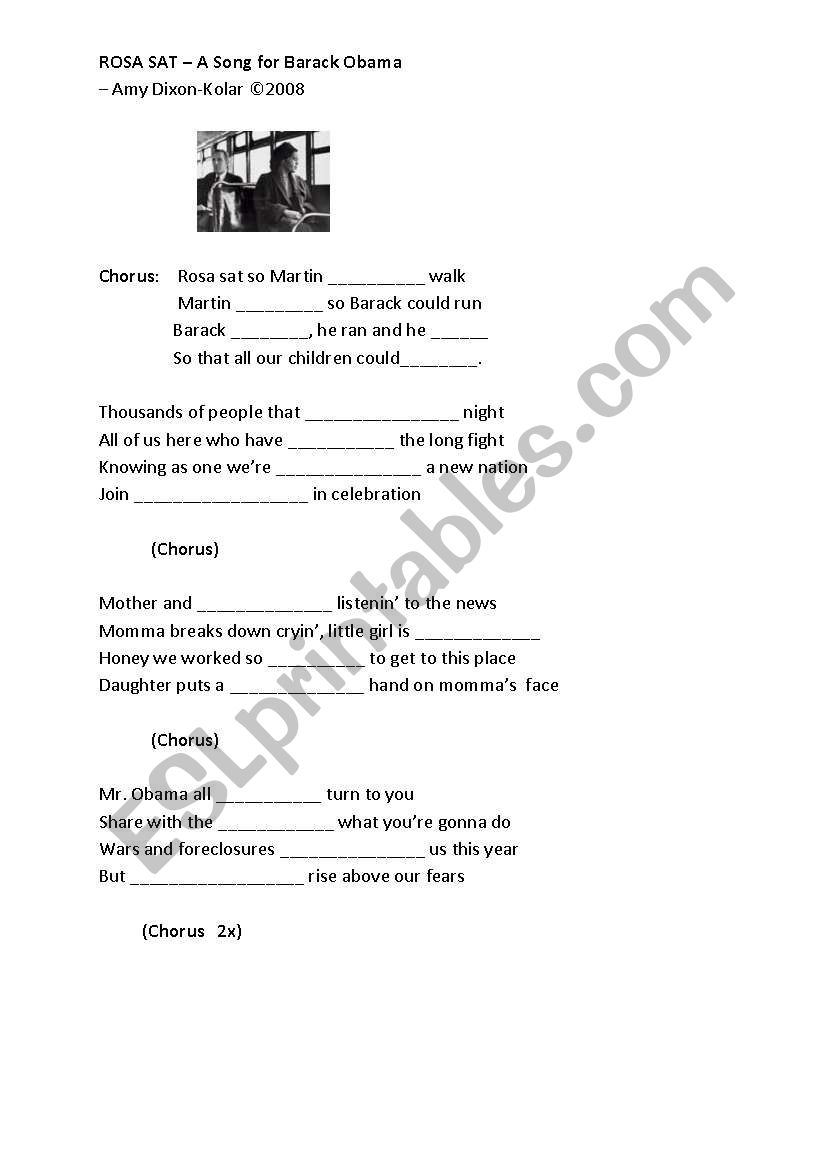 Rosa sat song for Obama worksheet