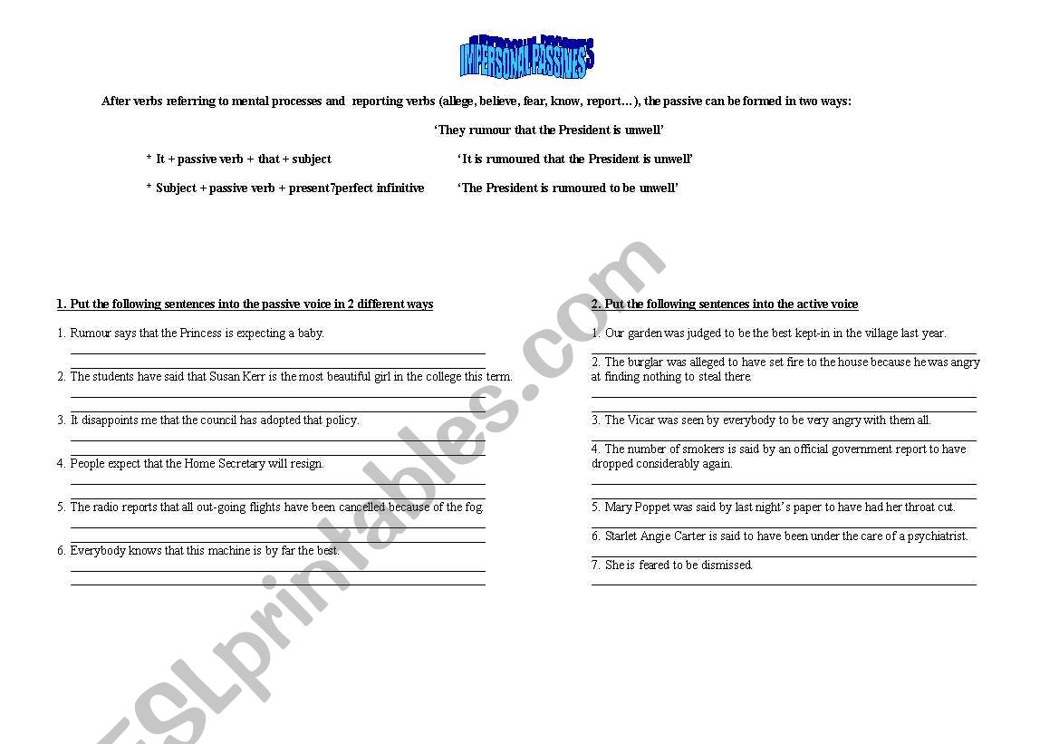 Impersonal passive worksheet