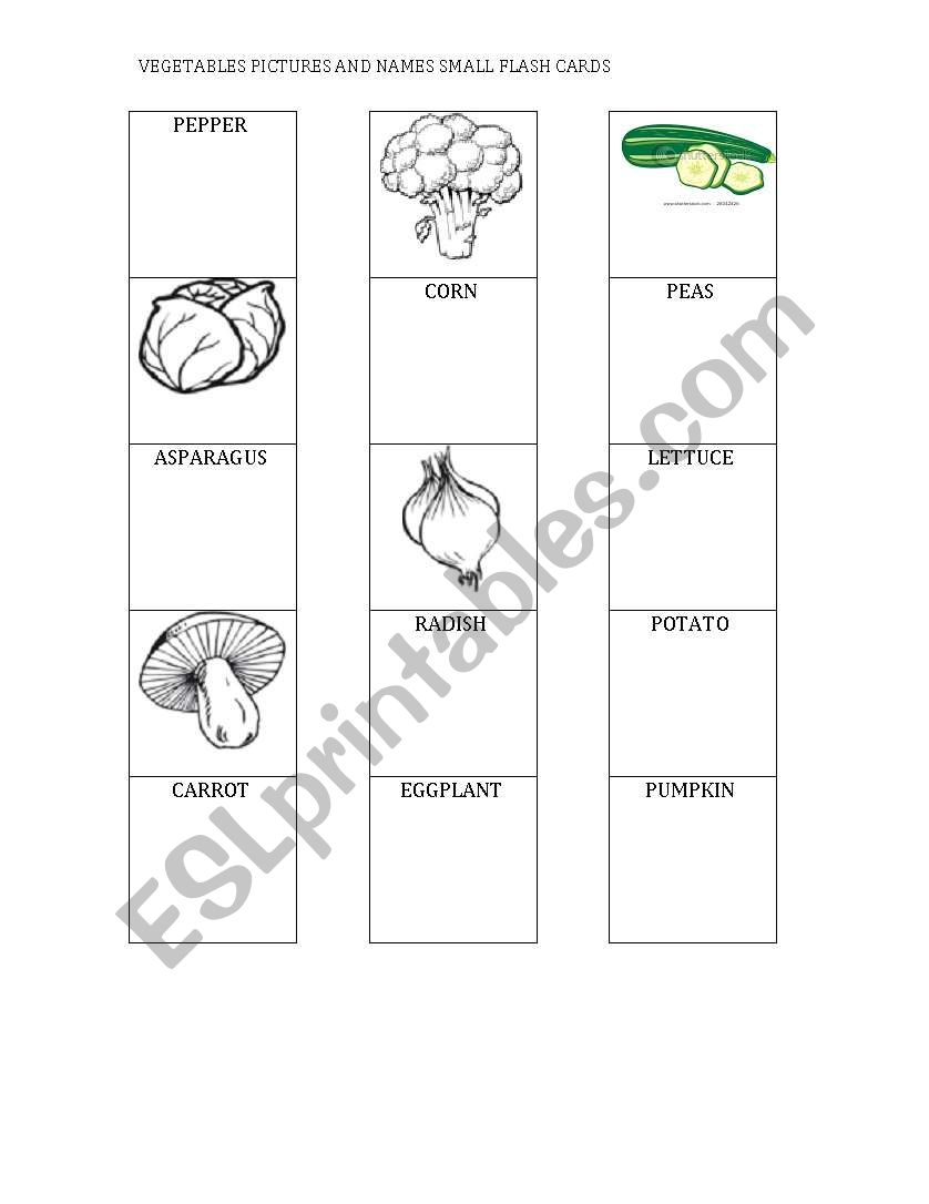 Vegetables names and picture small flash cards