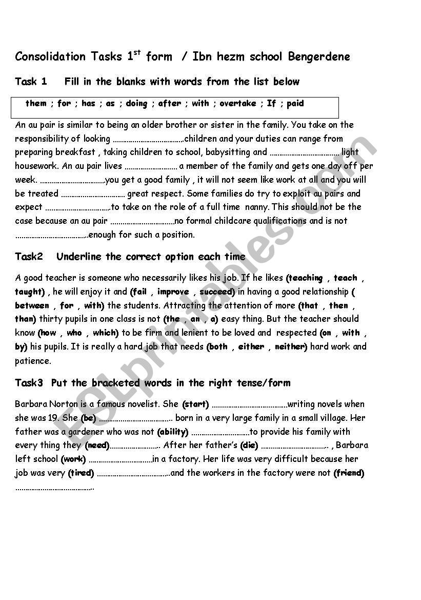 cnsolidation 1st form worksheet