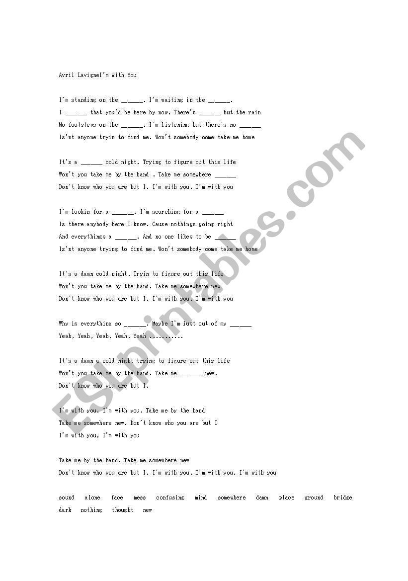 Avril Lavigne Im With You Lyric Sheet 