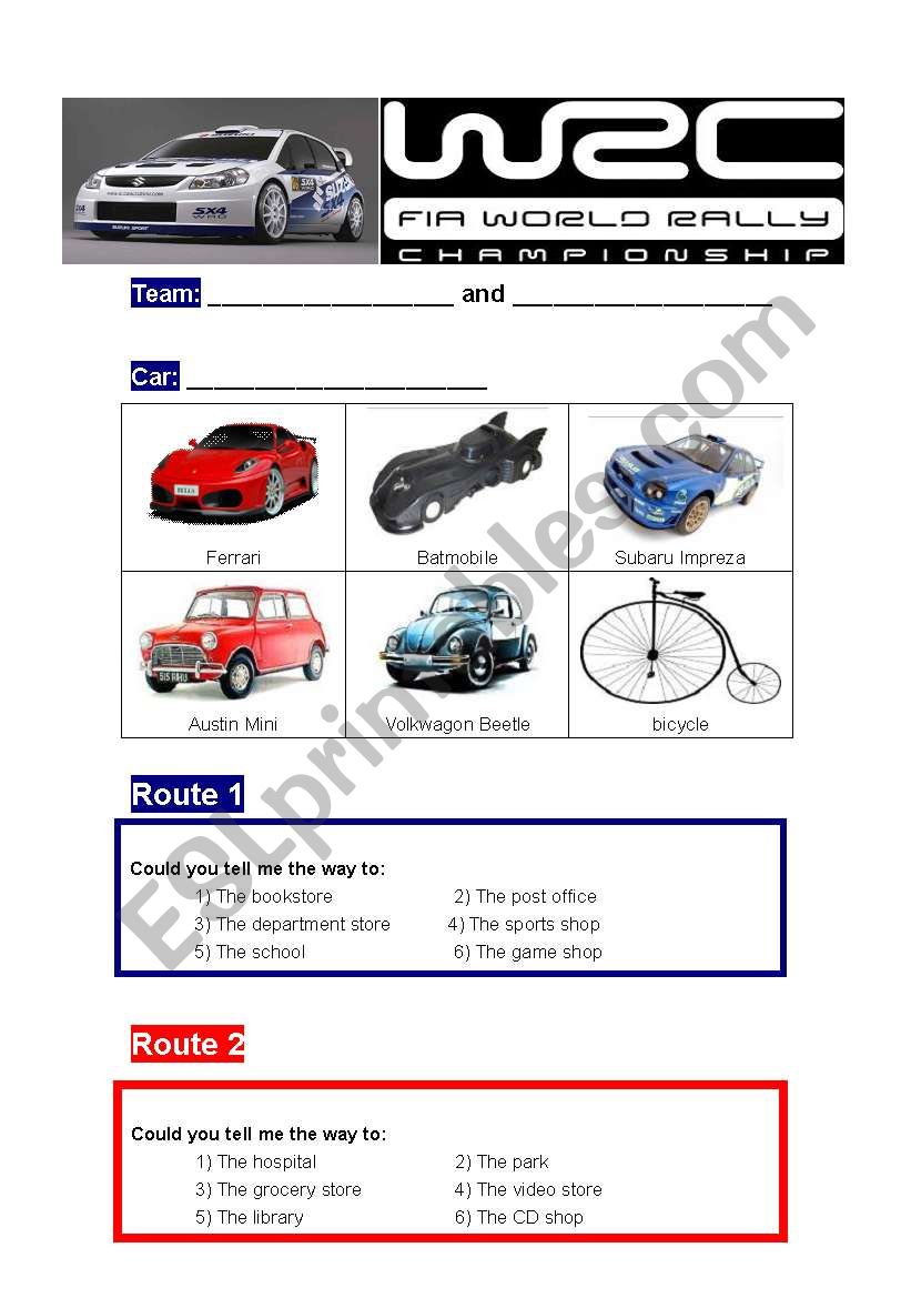Rally Car Directions worksheet