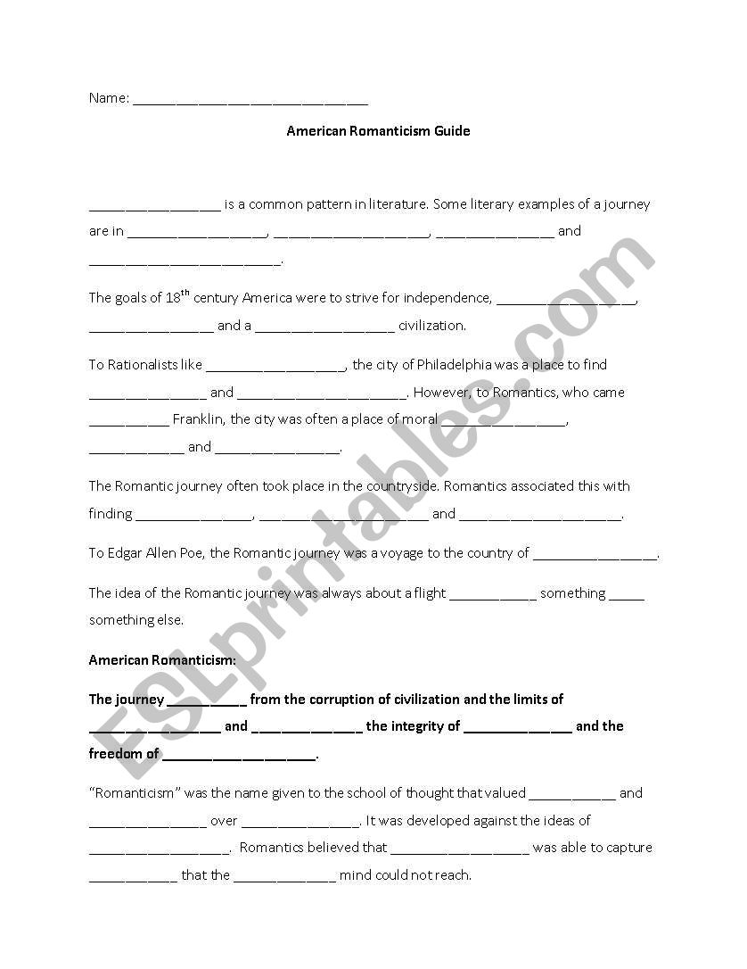 American Romanticism Guide worksheet