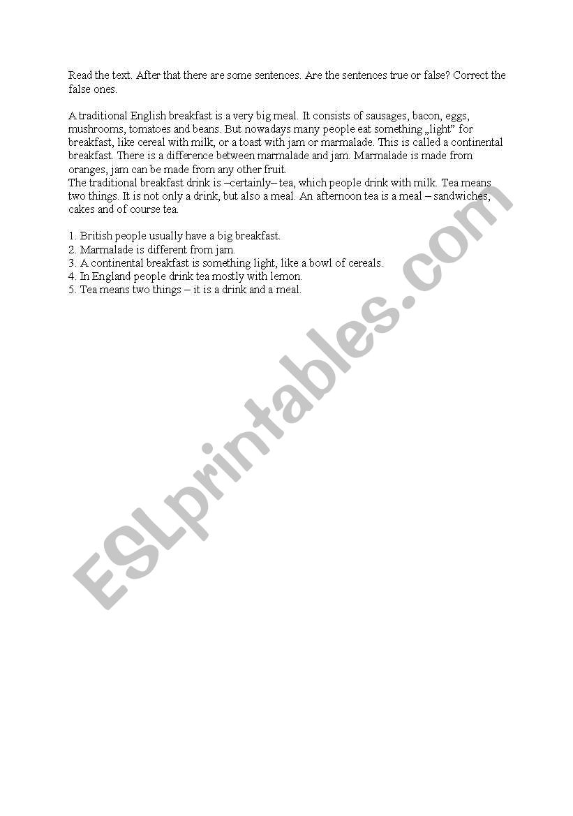 English breakfast worksheet