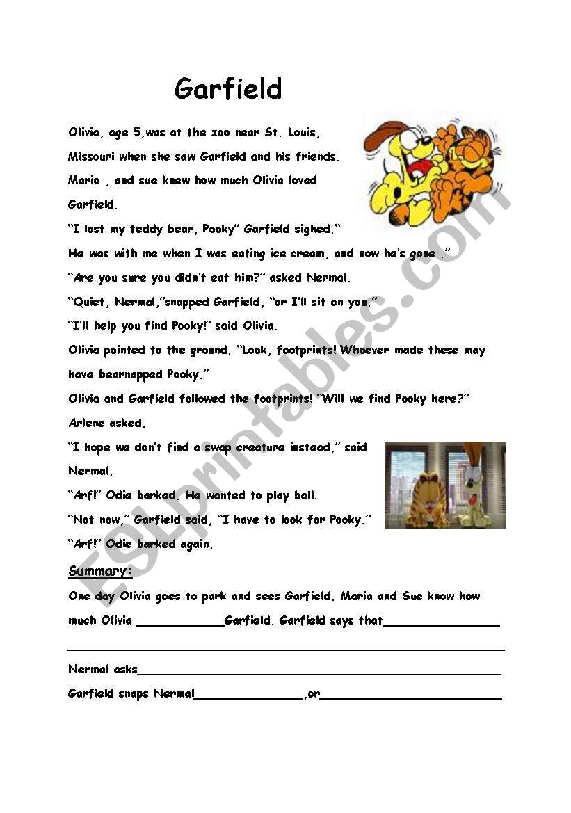 garfield in the park... worksheet