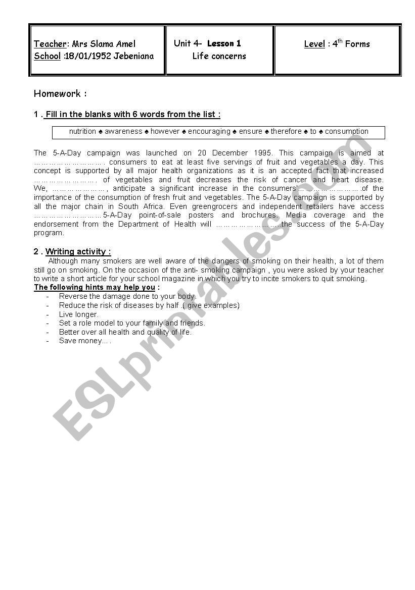 Life concerns worksheet