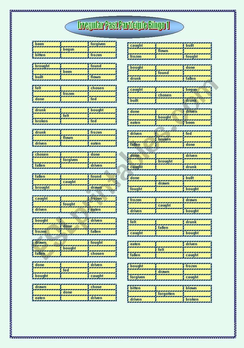 Irregular Past Participle Bingo