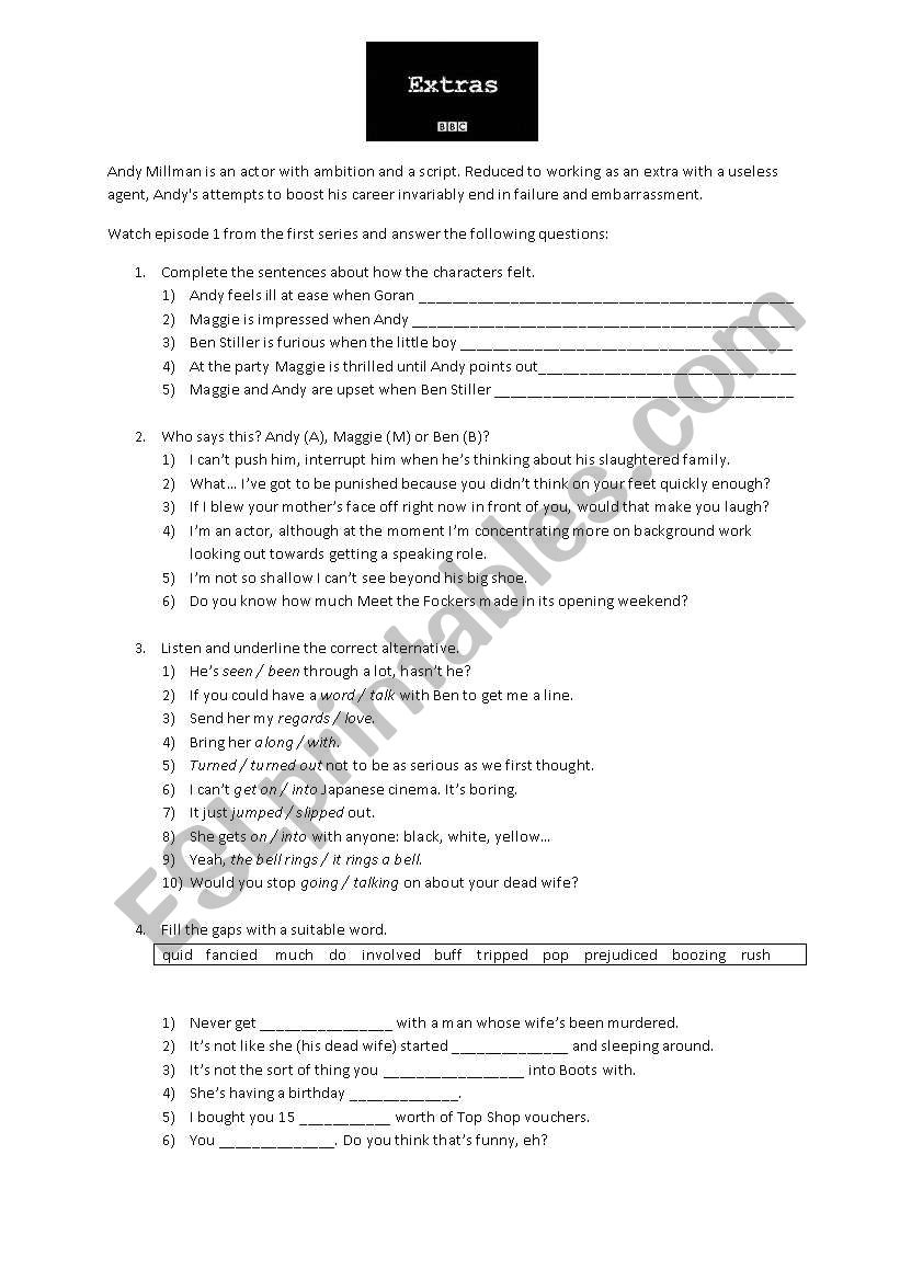 Extras series 1 episodes 1 - worksheet