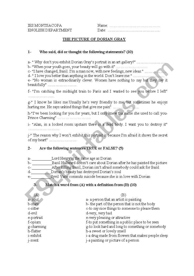 DORIAN GRAY worksheet