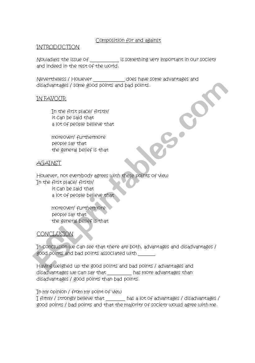 fOR AND AGAINST worksheet