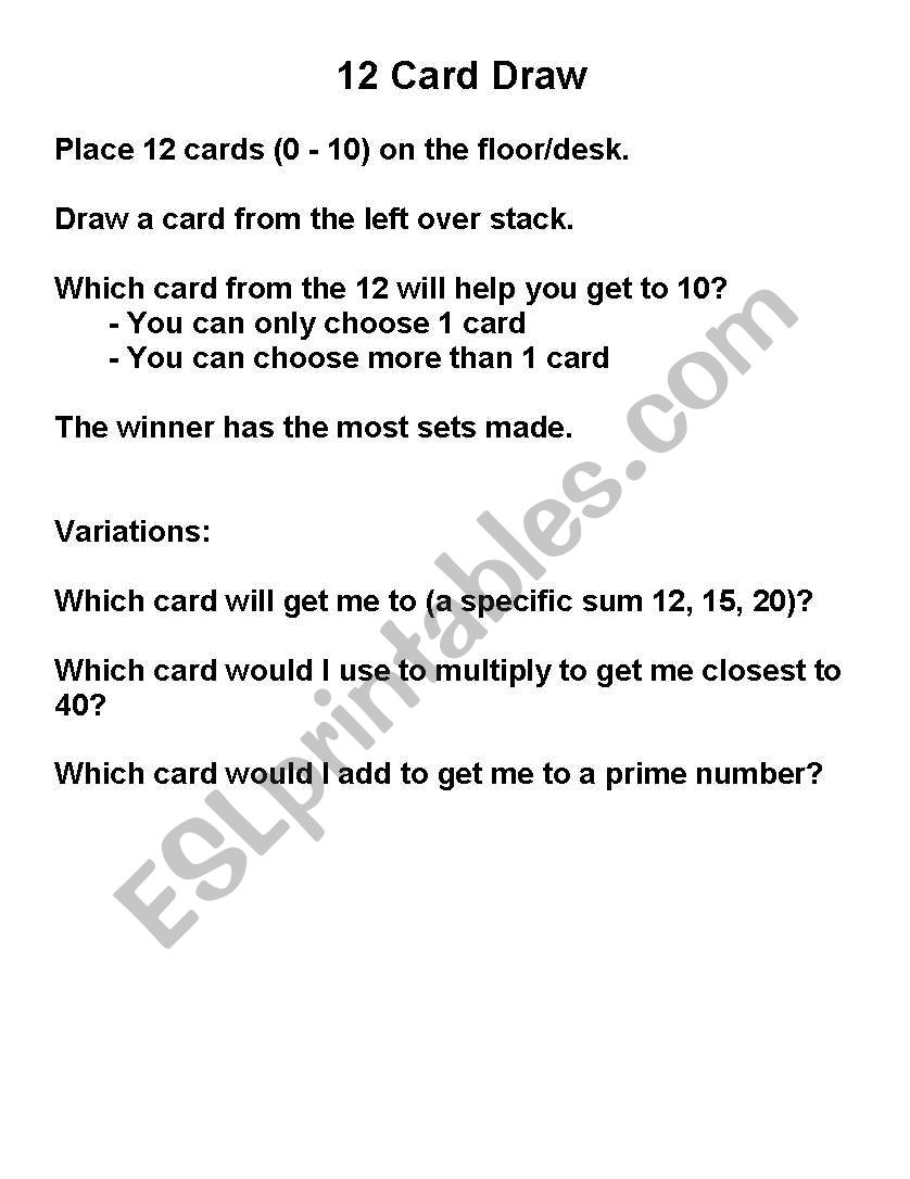 12 Card Draw worksheet