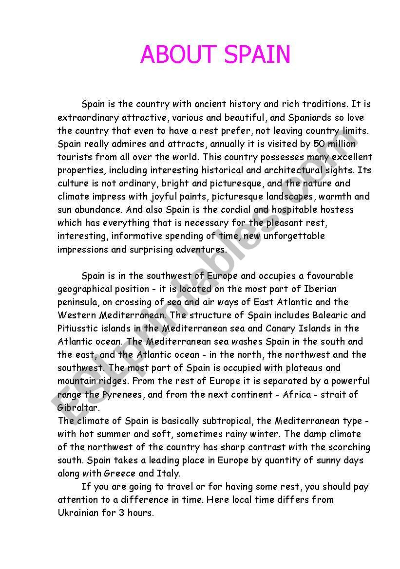 ABOUT SPAIN worksheet