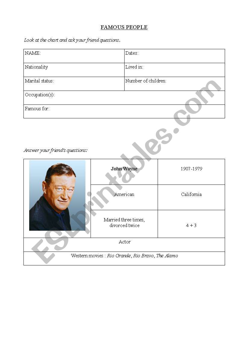 Famous people pairwork worksheet