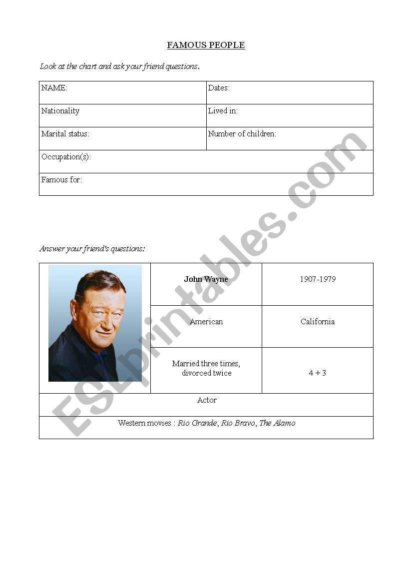 Famous people pairwork worksheet