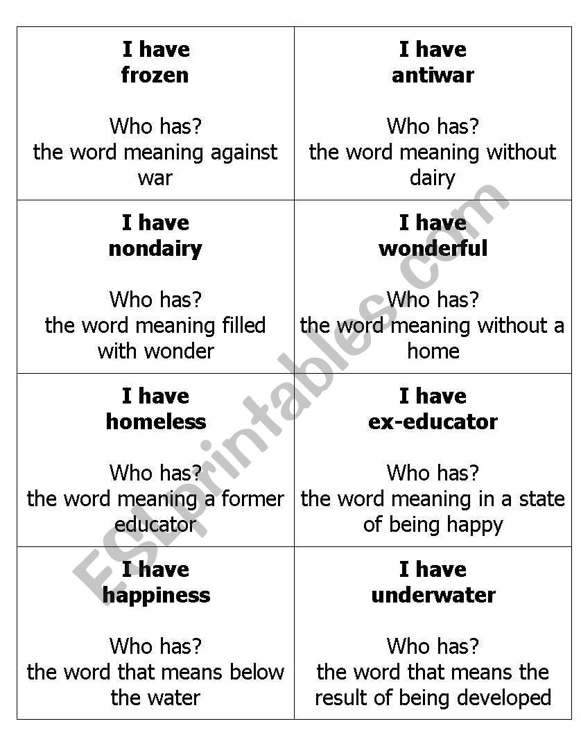 4th Grade Prefix and Suffix I have Who has