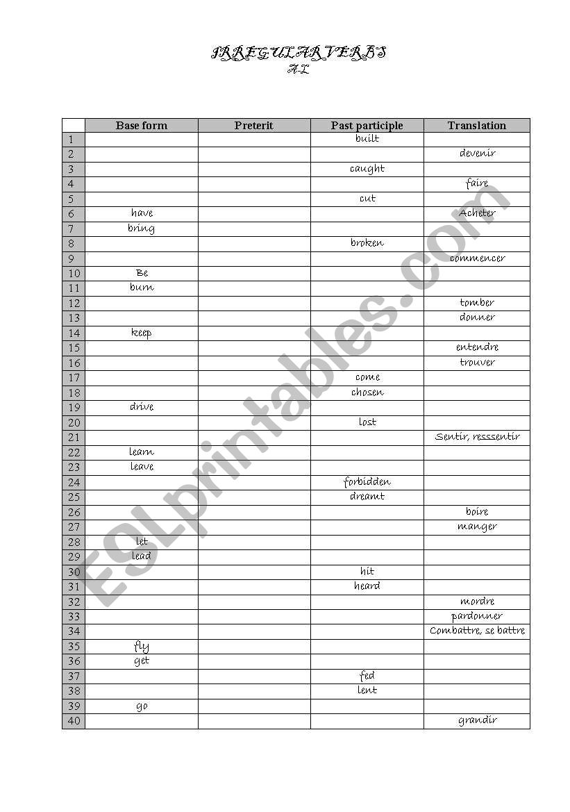 IRREGULAR VERBS A-L worksheet