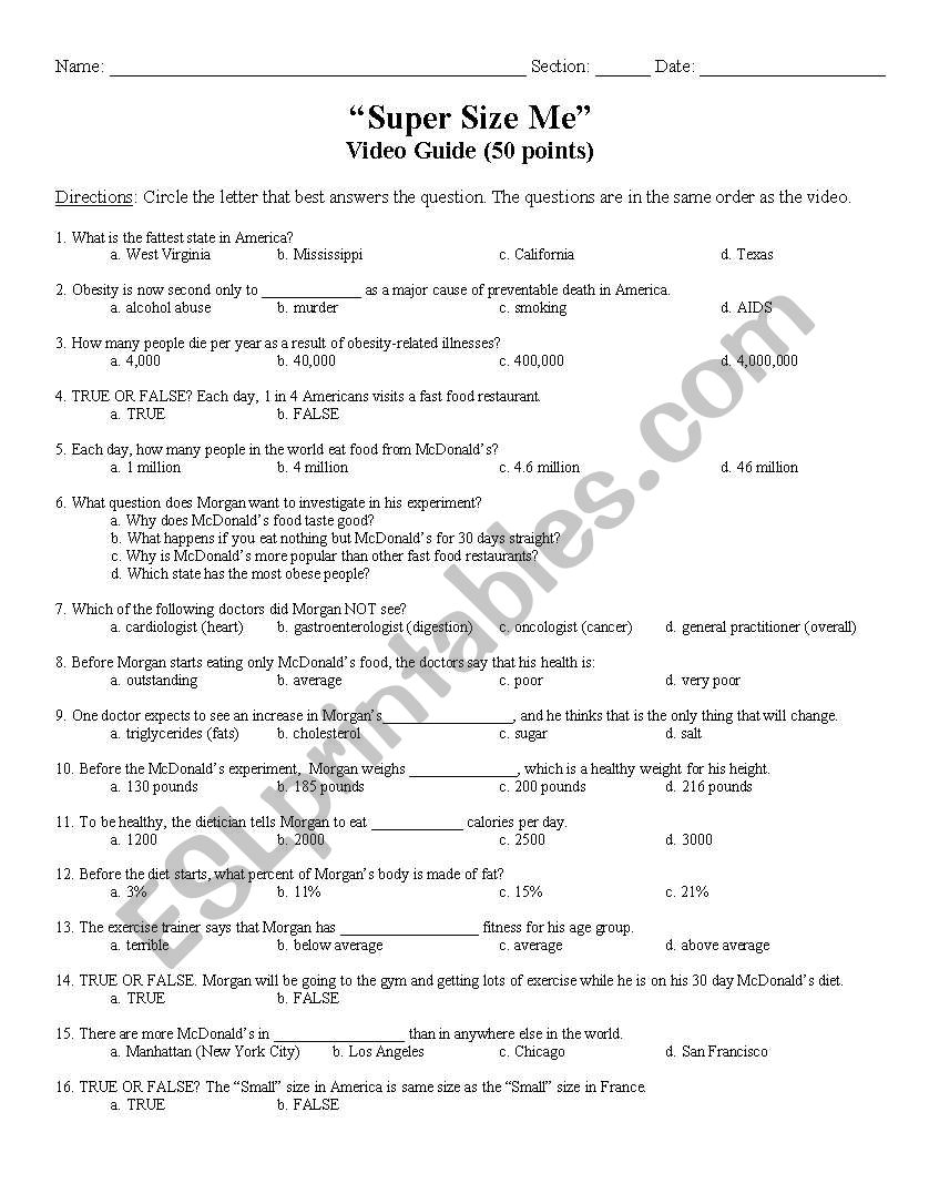Supersize Me Video Guide - ESL worksheet by khiler Pertaining To Super Size Me Worksheet Answers