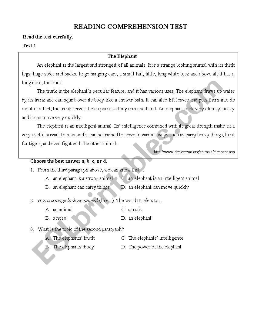 reading comprehension worksheet