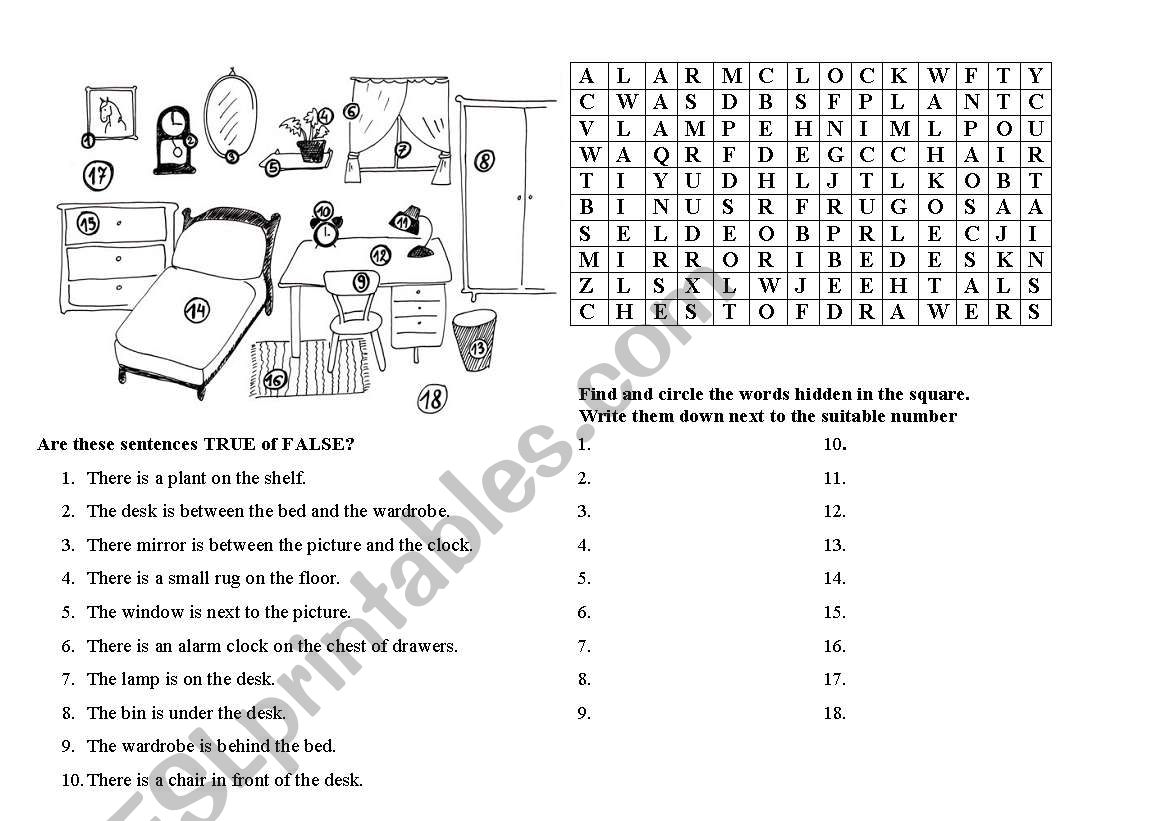 furniture wordsearch  TRUE/ FALSE sentences