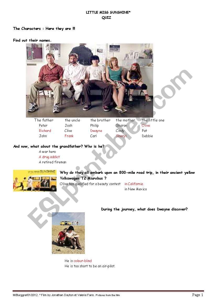 Little Miss Sunshine Quiz worksheet