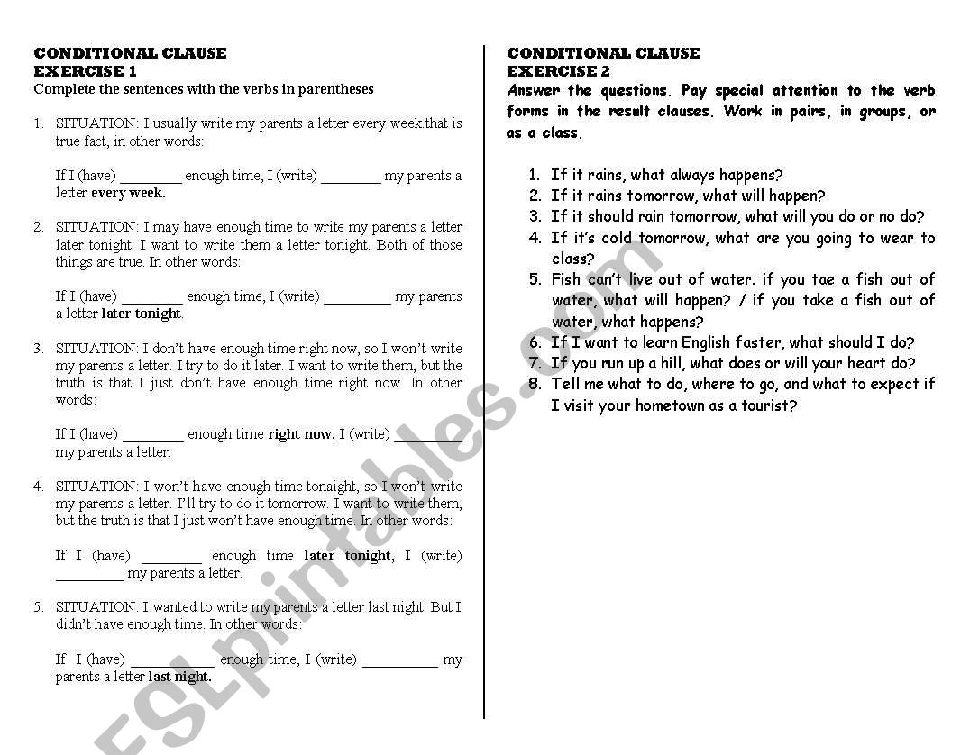 condtional clause worksheet