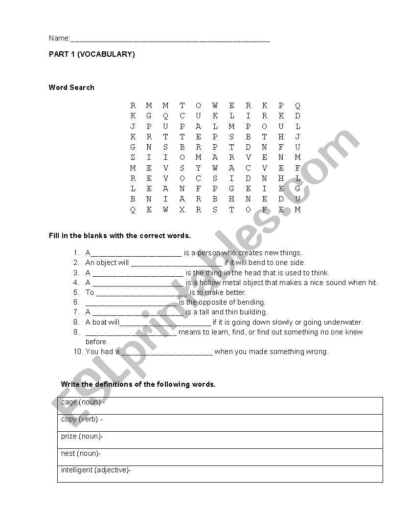 Vocabulary Test worksheet