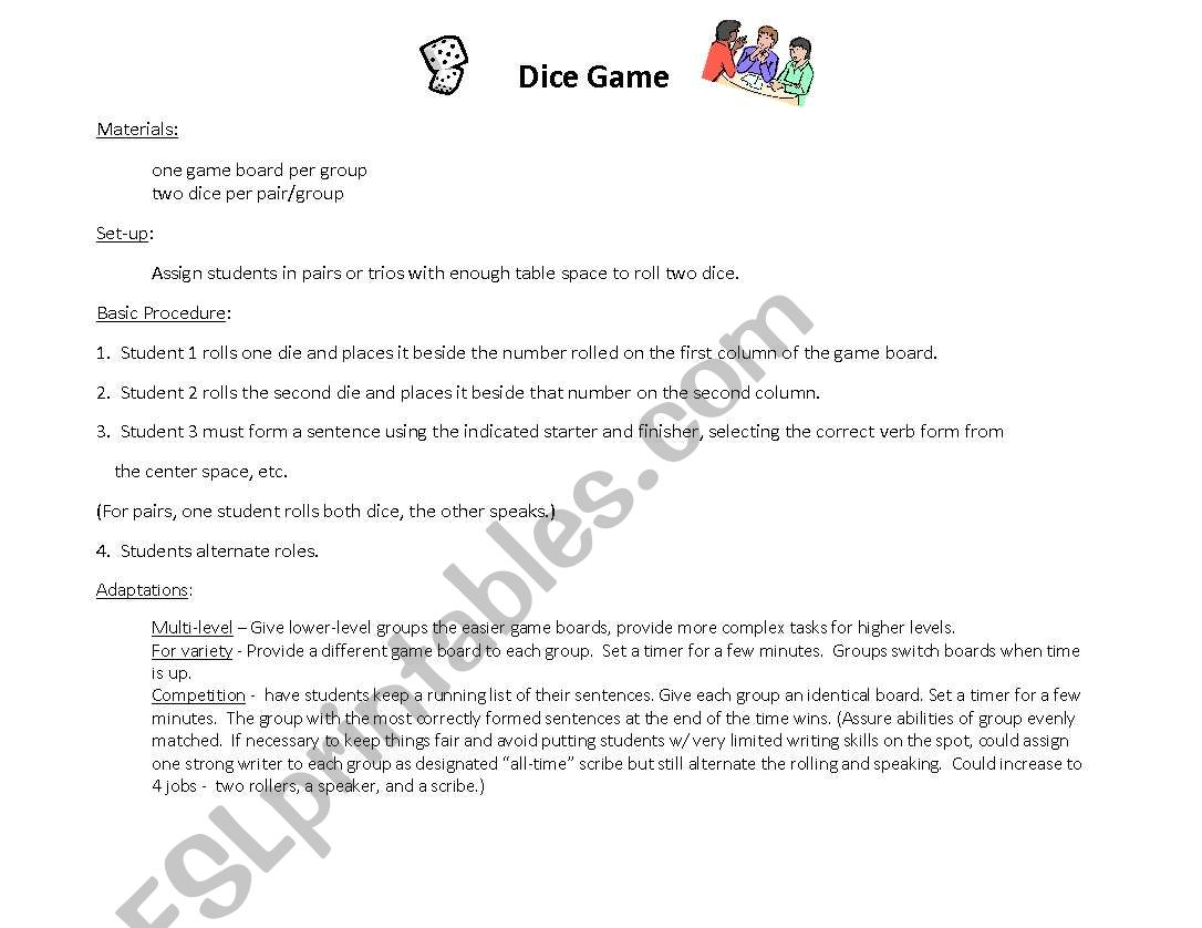 Grammar Dice Game worksheet