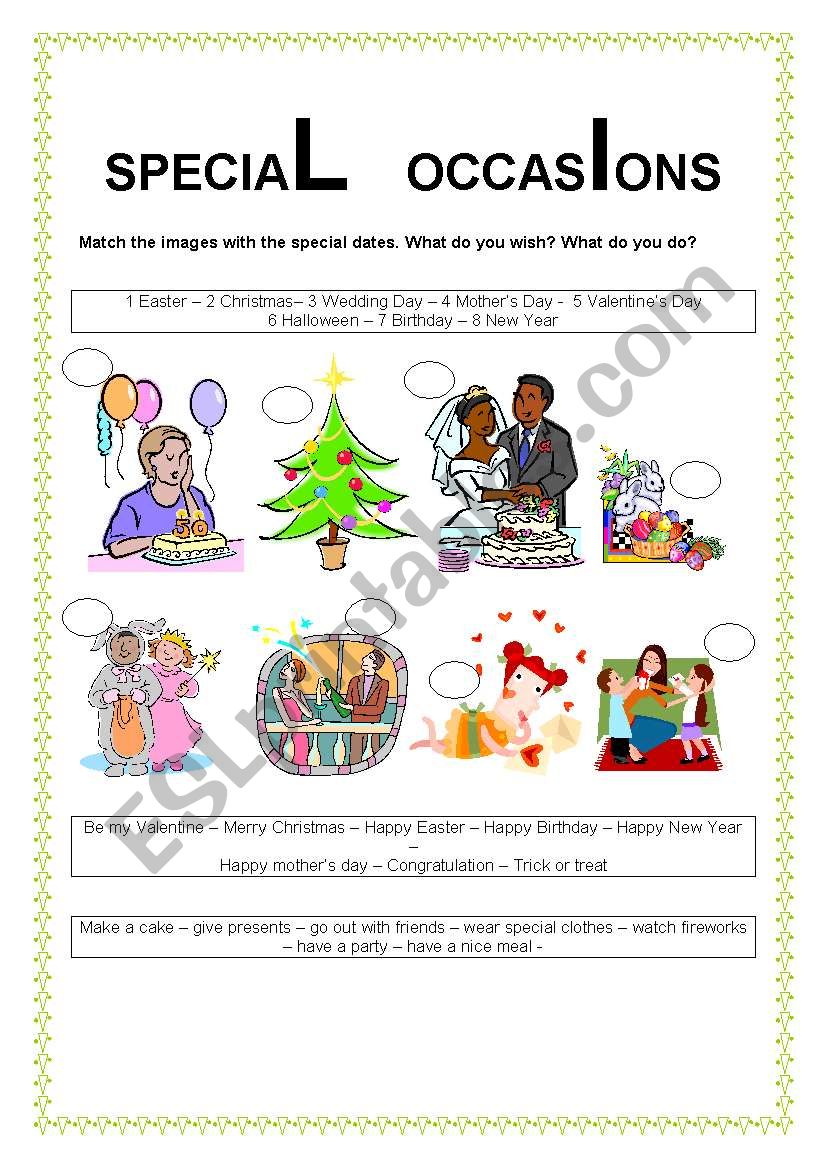 HOLIDAYS  SPECIAL OCCASIONS worksheet